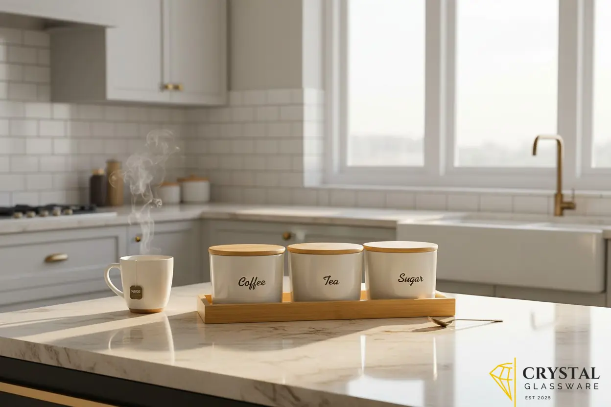 StyleServe kitchen canister set includes three white jars with script labels and matching bamboo lids